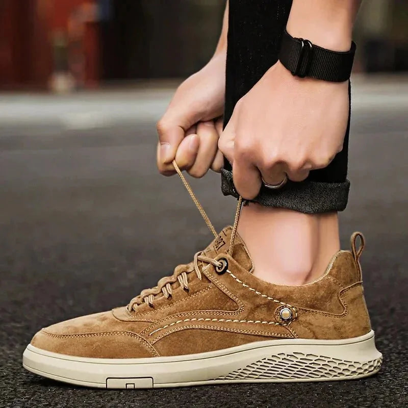 Brown Men's Walking Sneakers Suede Low-Top — Emmett Cushioned Lace-Up Casual - Tying Laces Detail