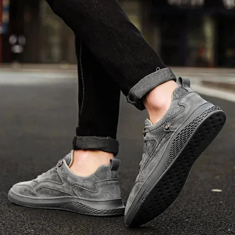 Gray Men's Walking Sneakers Suede Low-Top — Emmett Cushioned Lace-Up Casual - Action Kick