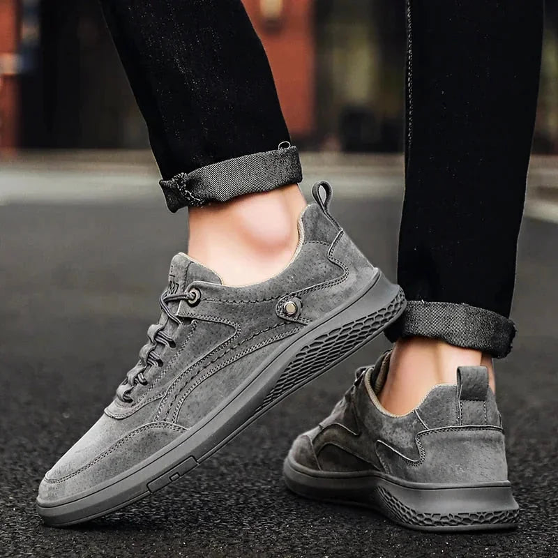 Gray Men's Walking Sneakers Suede Low-Top — Emmett Cushioned Lace-Up Casual - Back Worn