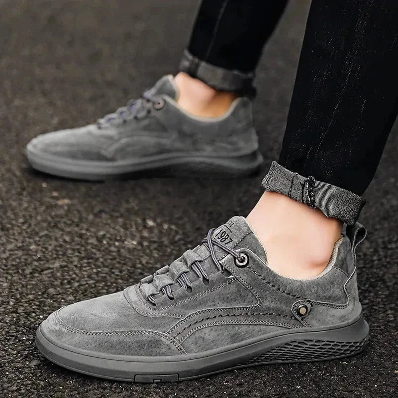 Gray Men's Walking Sneakers Suede Low-Top — Emmett Cushioned Lace-Up Casual - Side Worn