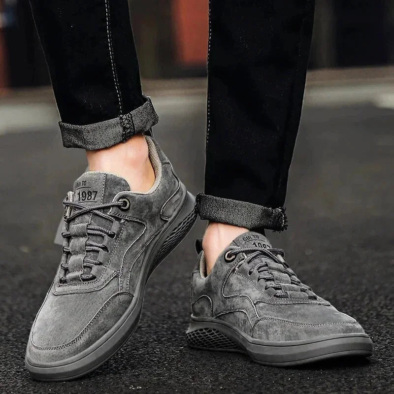 Gray Men's Walking Sneakers Suede Low-Top — Emmett Cushioned Lace-Up Casual - Walking Side