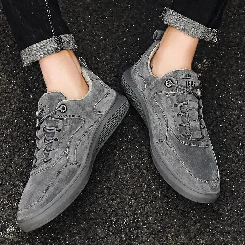 Gray Men's Walking Sneakers Suede Low-Top — Emmett Cushioned Lace-Up Casual - Worn Front