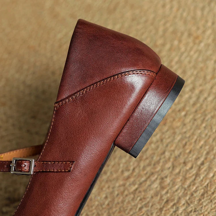 Brown Women's T-Strap Mary Leather Flats — Hannah Buckle Cap-Toe - Close Up Heel Detail