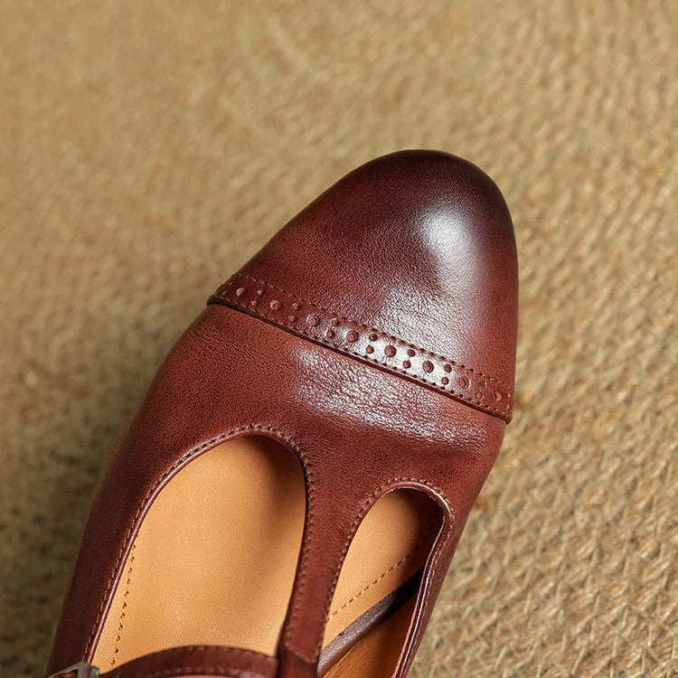 Brown Women's T-Strap Mary Leather Flats — Hannah Buckle Cap-Toe - Close Up Toe Detail