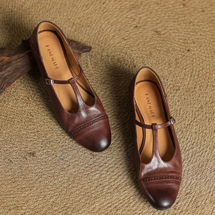 Brown Women's T-Strap Mary Leather Flats — Hannah Buckle Cap-Toe - Flat Lay Top View