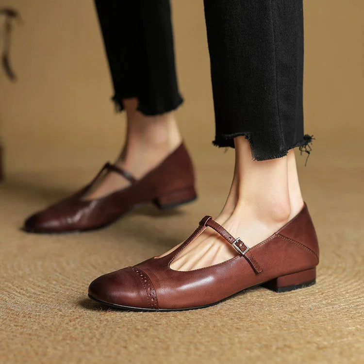 Brown Women's T-Strap Mary Leather Flats — Hannah Buckle Cap-Toe - Worn Front Close