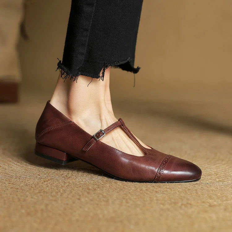Brown Women's T-Strap Mary Leather Flats — Hannah Buckle Cap-Toe - Worn Side Profile