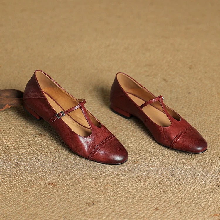 Maroon Women's T-Strap Mary Leather Flats — Hannah Buckle Cap-Toe - Flat Lay Pair Angle