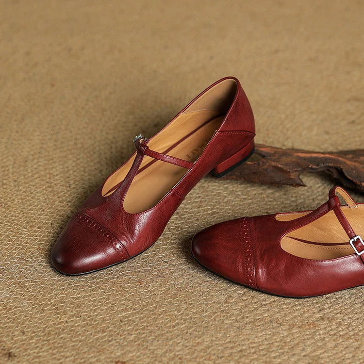 Maroon Women's T-Strap Mary Leather Flats — Hannah Buckle Cap-Toe - Flat Lay Pair Stacked