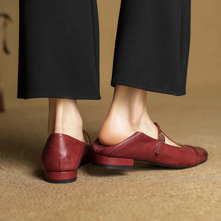 Maroon Women's T-Strap Mary Leather Flats — Hannah Buckle Cap-Toe - Worn Heel Back View