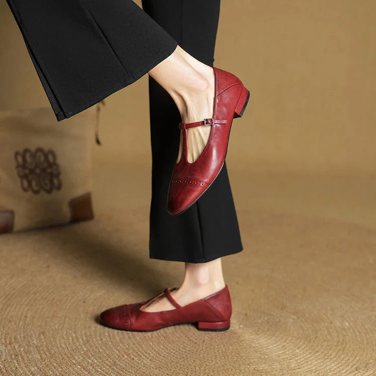 Maroon Women's T-Strap Mary Leather Flats — Hannah Buckle Cap-Toe - Worn Lifestyle Back Step