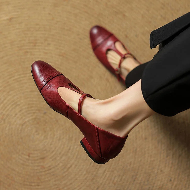 Maroon Women's T-Strap Mary Leather Flats — Hannah Buckle Cap-Toe - Worn Lifestyle Close Up