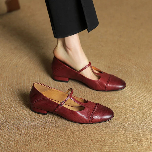 Maroon Women's T-Strap Mary Leather Flats — Hannah Buckle Cap-Toe - Worn Lifestyle Front