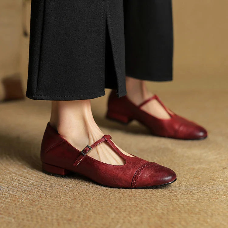 Maroon Women's T-Strap Mary Leather Flats — Hannah Buckle Cap-Toe - Worn Lifestyle Side