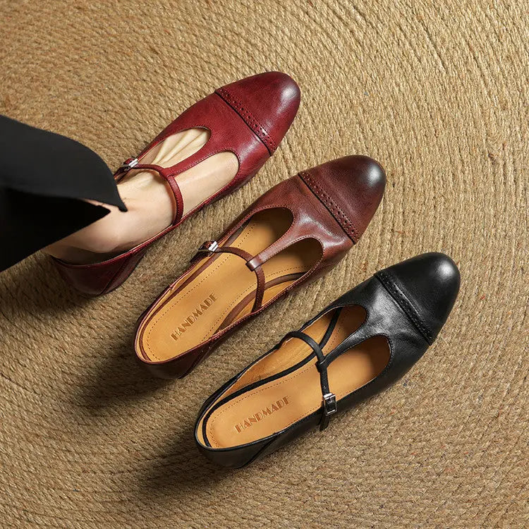 Multicolor Women's T-Strap Mary Leather Flats — Hannah Buckle Cap-Toe - Three Color Flat Lay