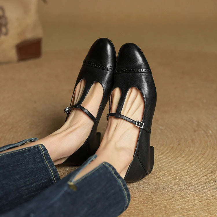 Women's T-Strap Mary Leather Flats — Hannah Buckle Cap-Toe