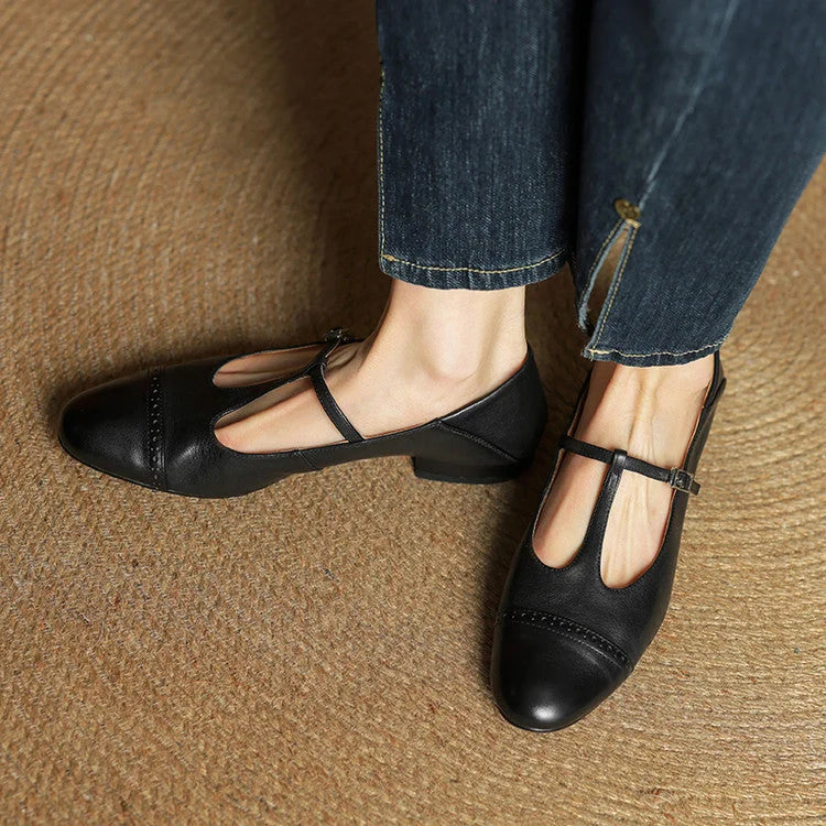 Women's T-Strap Mary Leather Flats — Hannah Buckle Cap-Toe