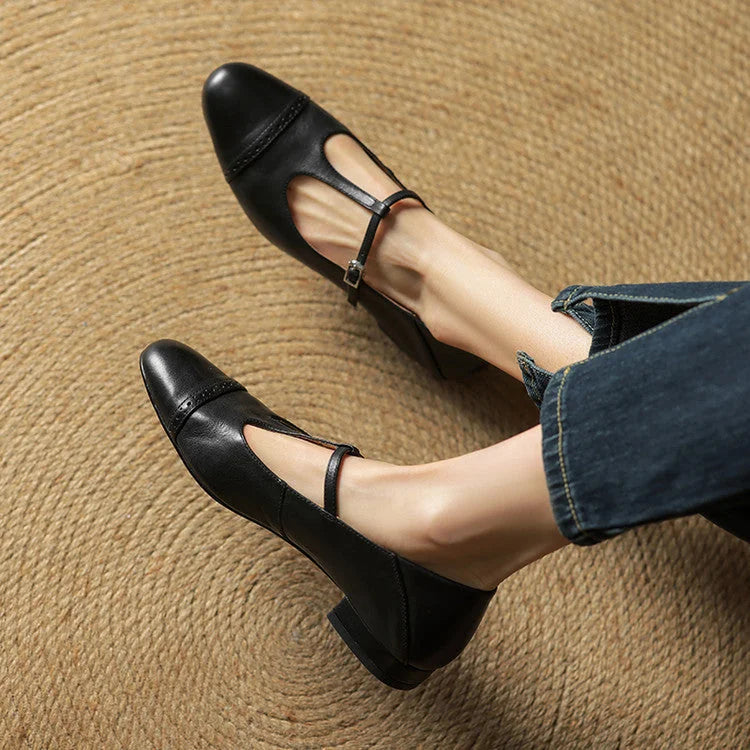 Women's T-Strap Mary Leather Flats — Hannah Buckle Cap-Toe