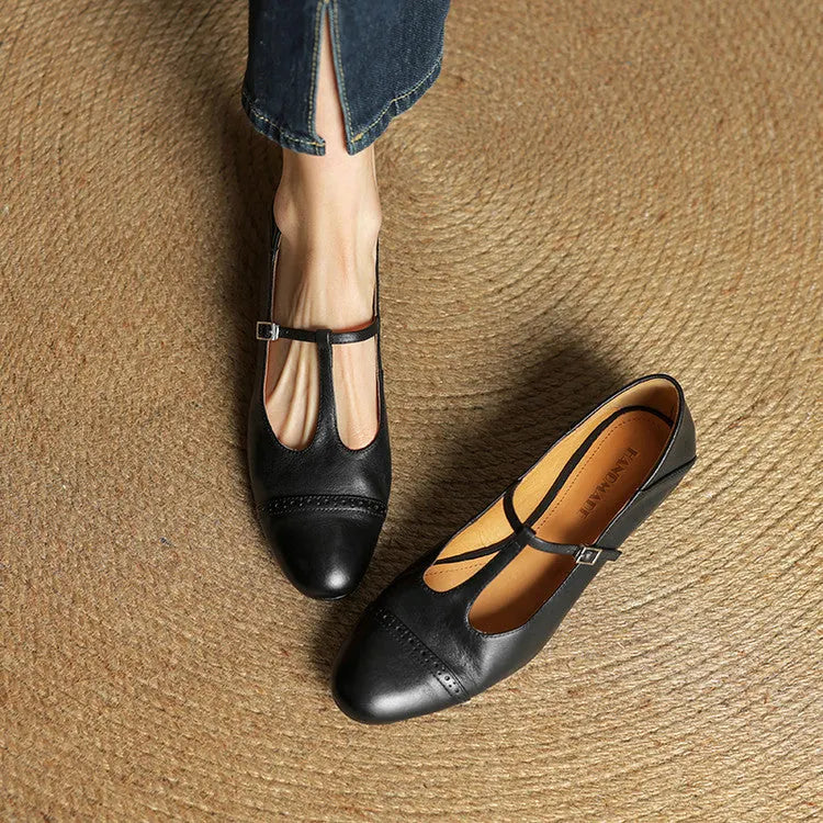 Women's T-Strap Mary Leather Flats — Hannah Buckle Cap-Toe