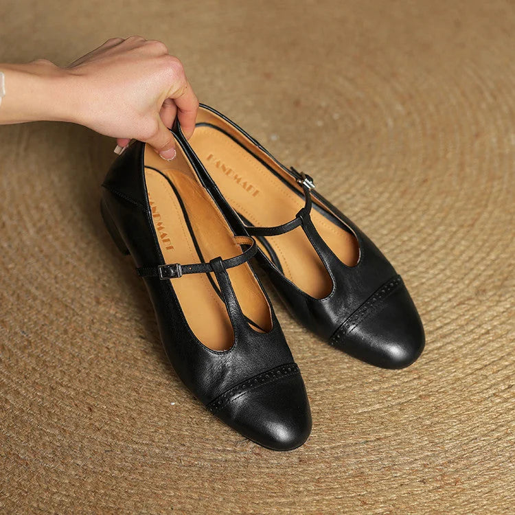 Women's T-Strap Mary Leather Flats — Hannah Buckle Cap-Toe