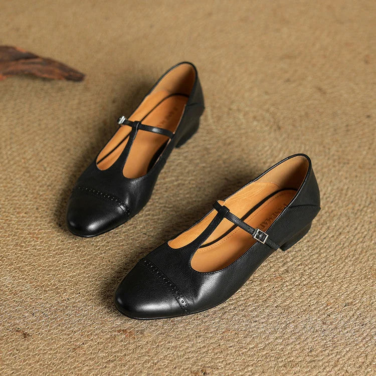 Women's T-Strap Mary Leather Flats — Hannah Buckle Cap-Toe