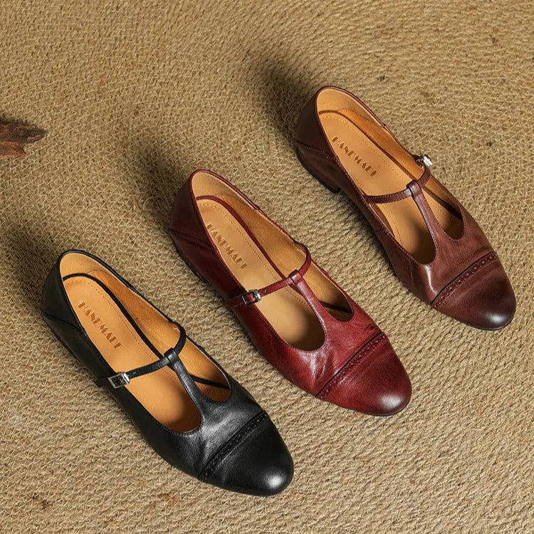 Women's T-Strap Mary Leather Flats — Hannah Buckle Cap-Toe
