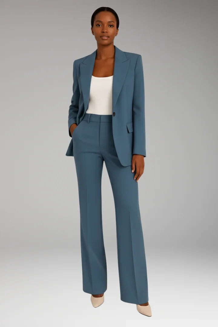 Blue Women's Two-Piece Set with Blazer and Straight-Leg Trousers — Jenna Twill - Studio Front