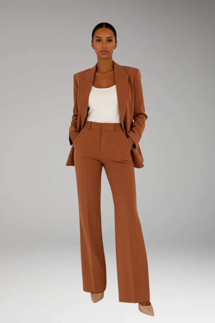 Brown Women's Two-Piece Set with Blazer and Straight-Leg Trousers — Jenna Twill - Front Full