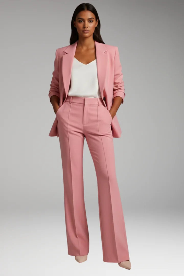 Pink Women's Two-Piece Set with Blazer and Straight-Leg Trousers — Jenna Twill - Worn Front