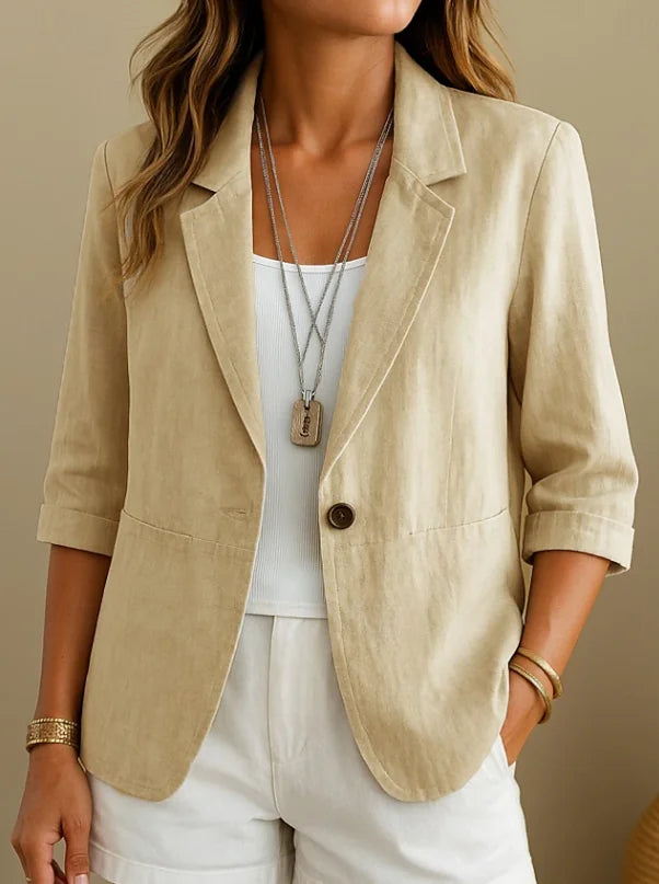 Beige Women's Everyday Tailored Blazer — Ottilie Rolled-Cuff Pocketed Weekend - Front Detail