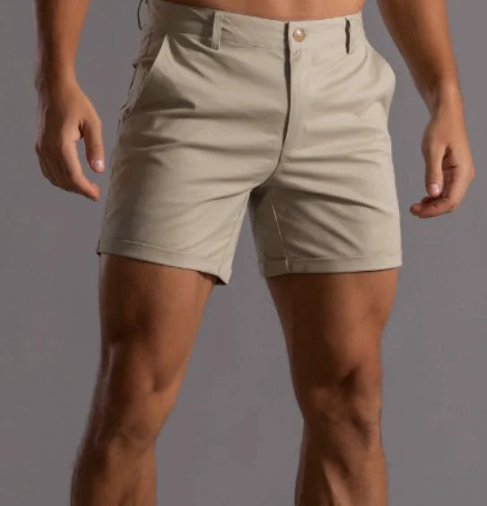 Beige Men's Tailored Shorts with Button-Front Closure & Slant Pockets — Desmond