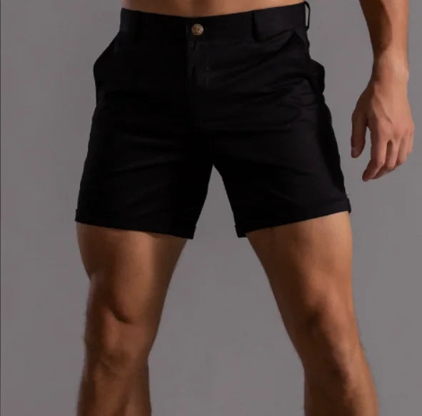 Black Men's Tailored Shorts with Button-Front Closure & Slant Pockets — Desmond