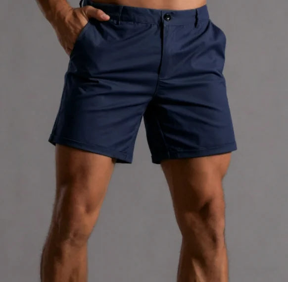 Navy Blue Men's Tailored Shorts with Button-Front Closure & Slant Pockets — Desmond - Front Pose