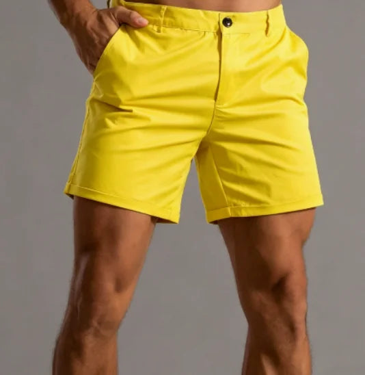 Yellow Men's Tailored Shorts with Button-Front Closure & Slant Pockets — Desmond