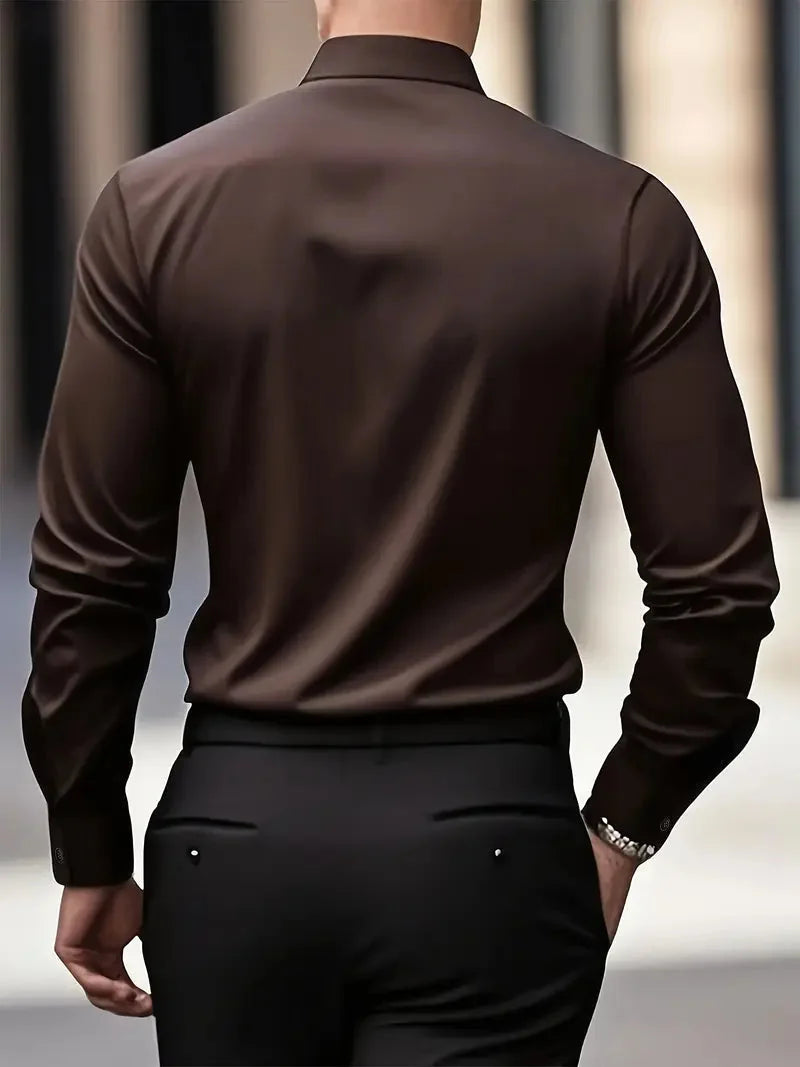 Brown Men's Slim-Fit Tailored Executive Shirt with Wrinkle-Resistant Stretch Fabric — Beau - Back Detail Coffee