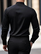Black Men's Tailored Executive Shirt in Stretch-Fit Cotton with Button-Front Design — Caleb - Back Standing Pose