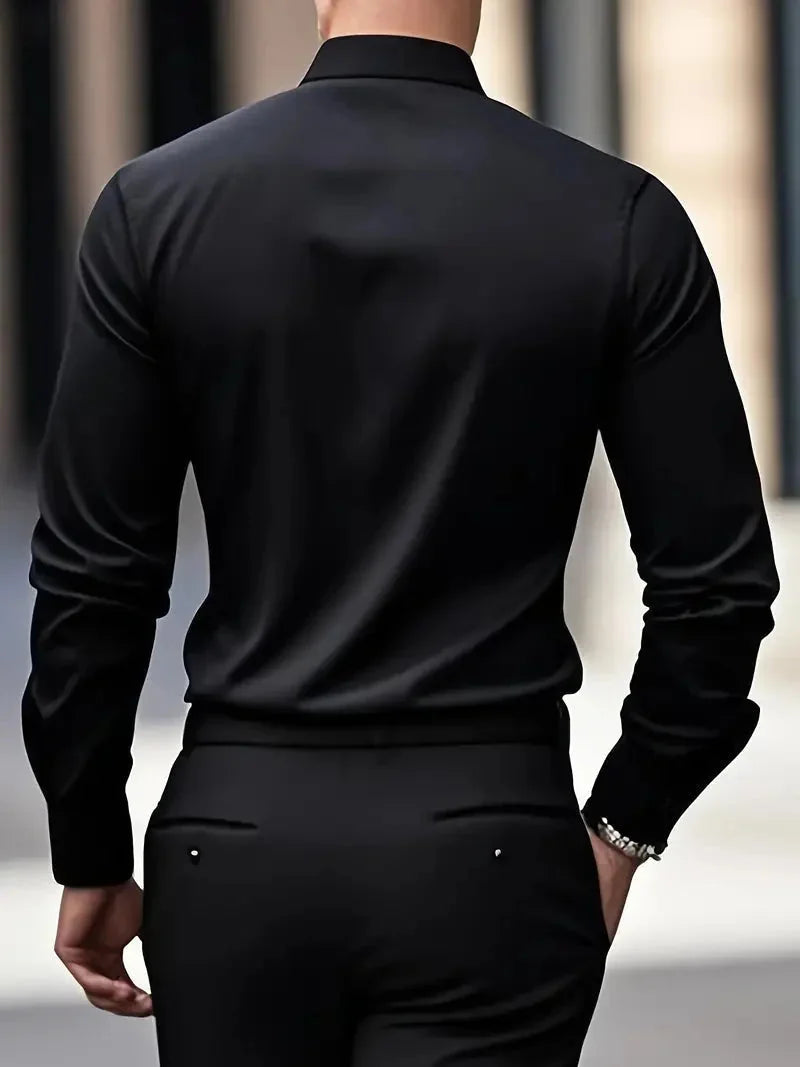 Black Men's Tailored Executive Shirt in Stretch-Fit Cotton with Button-Front Design — Caleb - Back Standing Pose