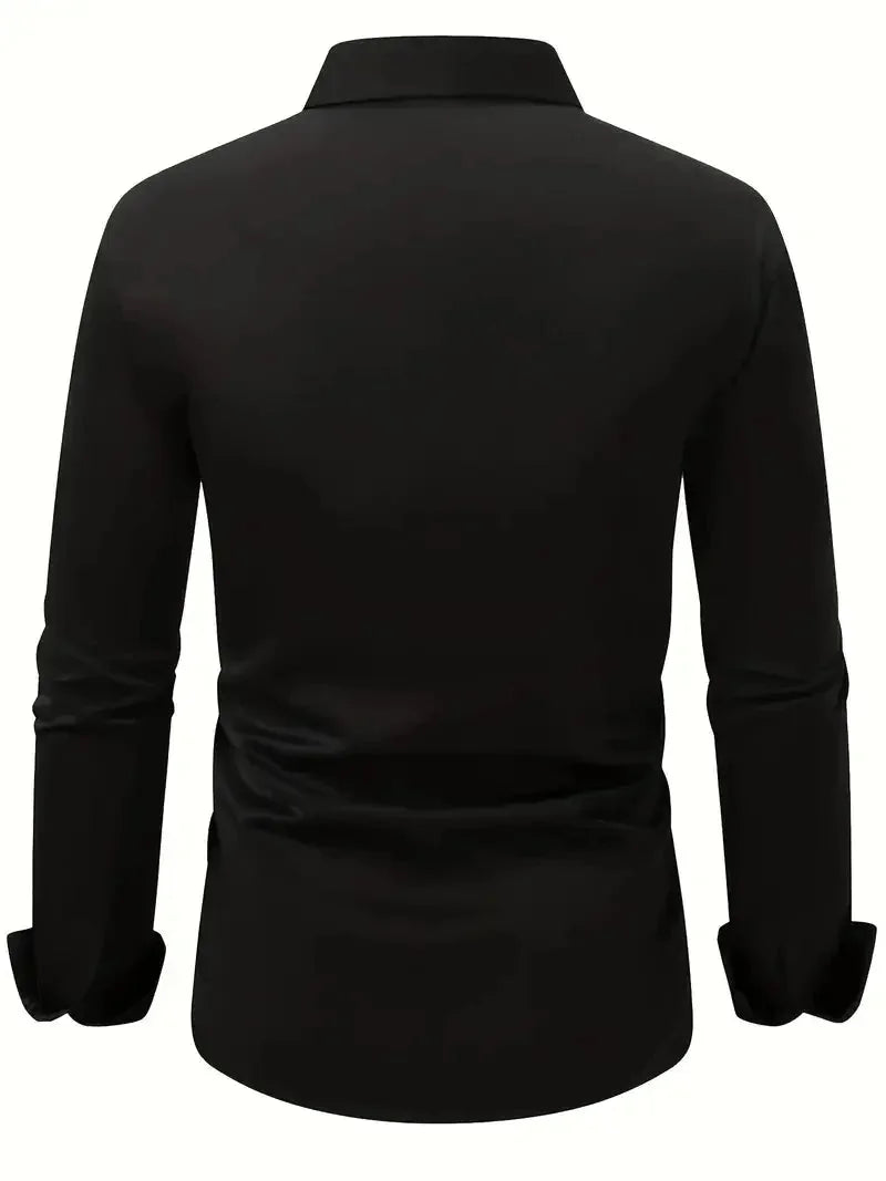 Black Men's Tailored Executive Shirt in Stretch-Fit Cotton with Button-Front Design — Caleb - Flat Lay Back