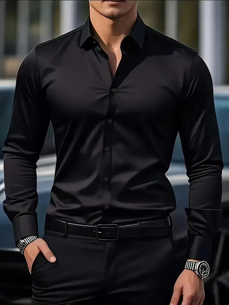 Black Men's Tailored Executive Shirt in Stretch-Fit Cotton with Button-Front Design — Caleb