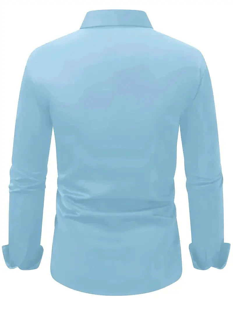 Blue Men's Tailored Executive Shirt in Stretch-Fit Cotton with Button-Front Design — Caleb - Flat Lay Back Light