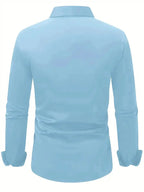 Blue Men's Tailored Executive Shirt in Stretch-Fit Cotton with Button-Front Design — Caleb - Flat Lay Back Light