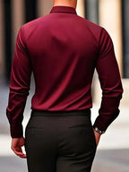 Burgundy Men's Tailored Executive Shirt in Stretch-Fit Cotton with Button-Front Design — Caleb - Back Walking Pose