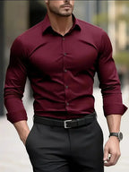 Burgundy Men's Tailored Executive Shirt in Stretch-Fit Cotton with Button-Front Design — Caleb