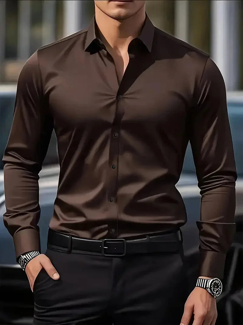 Coffee Men's Tailored Executive Shirt in Stretch-Fit Cotton with Button-Front Design — Caleb