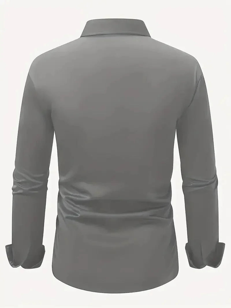 Dark Gray Men's Tailored Executive Shirt in Stretch-Fit Cotton with Button-Front Design — Caleb - Flat Lay Back Plain
