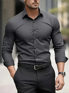 Dark Gray Men's Tailored Executive Shirt in Stretch-Fit Cotton with Button-Front Design