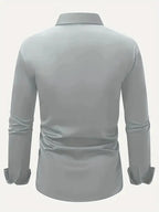 Gray Men's Tailored Executive Shirt in Stretch-Fit Cotton with Button-Front Design — Caleb - Flat Lay Back View