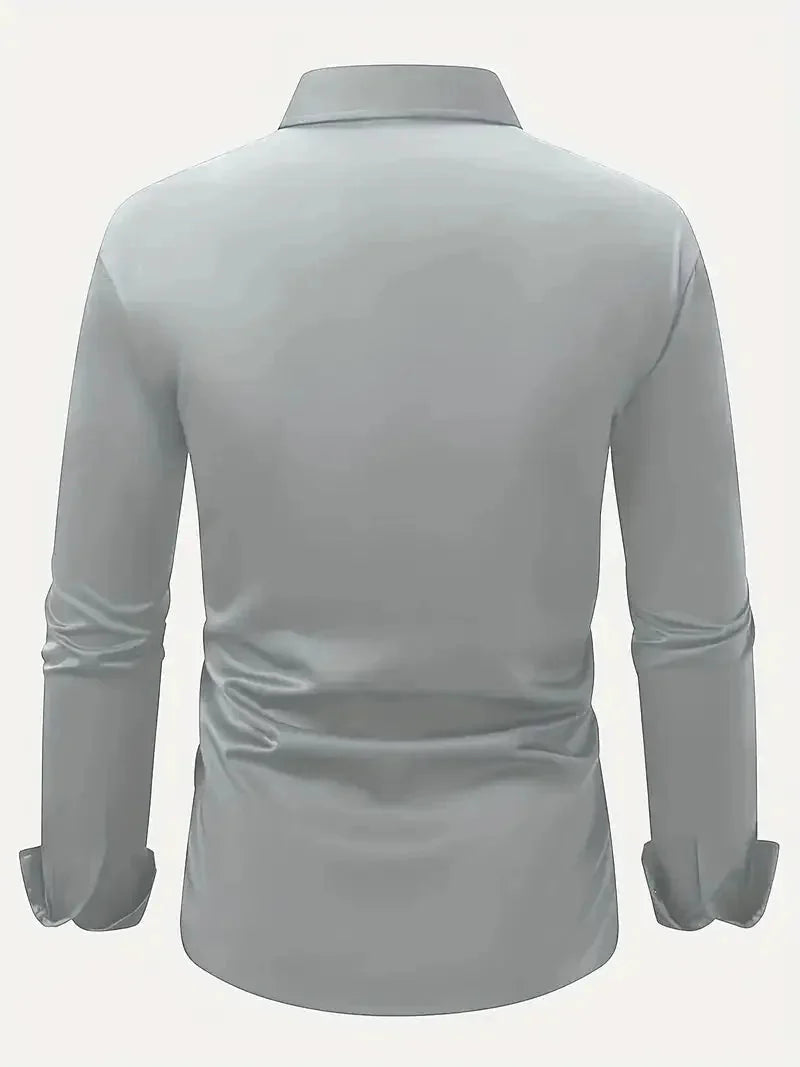 Gray Men's Tailored Executive Shirt in Stretch-Fit Cotton with Button-Front Design — Caleb - Flat Lay Back View