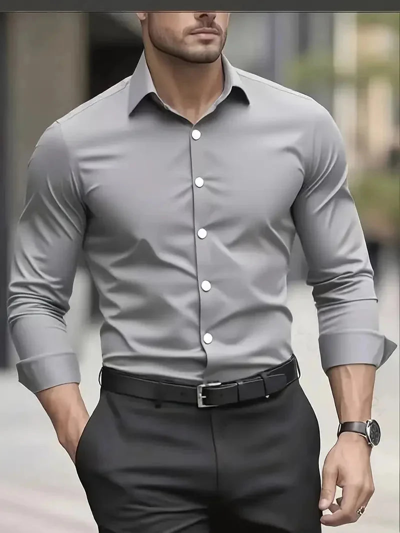 Gray Men's Tailored Executive Shirt in Stretch-Fit Cotton with Button-Front Design — Caleb
