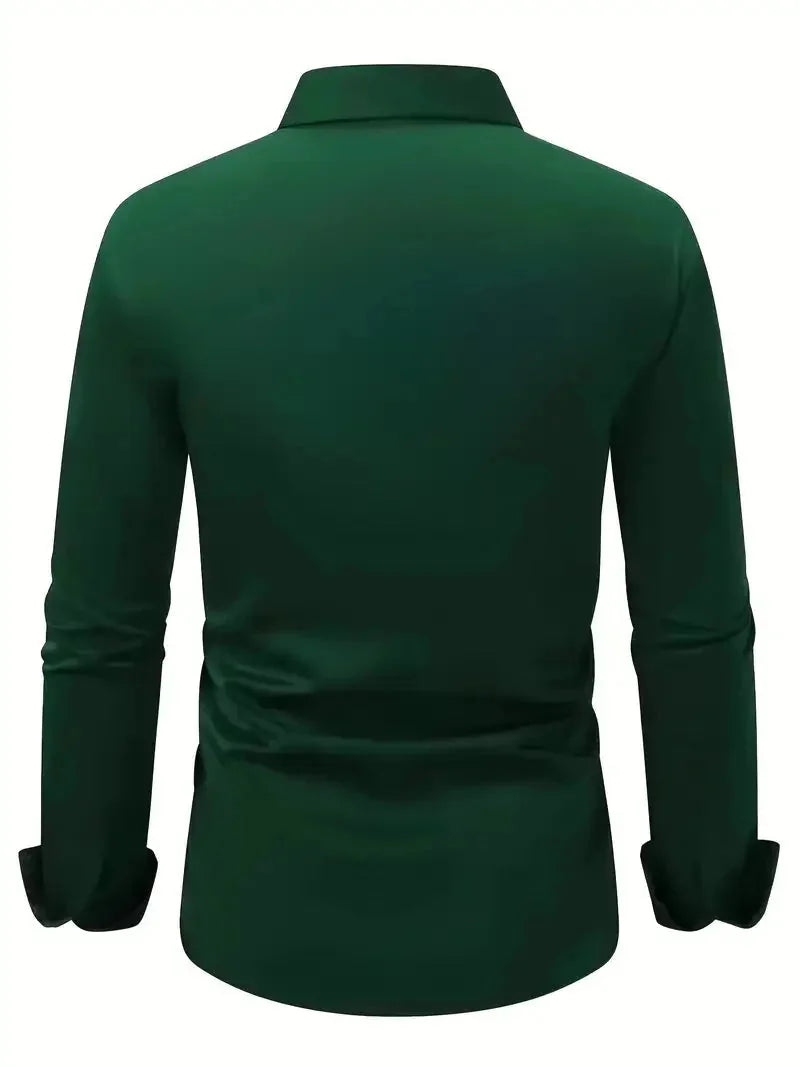Green Men's Tailored Executive Shirt in Stretch-Fit Cotton with Button-Front Design — Caleb - Flat Lay Back Dark
